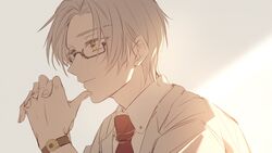  1boy coat glasses highres koeda_(k83_4) male_focus necktie polo_shirt red_necktie shirt short_hair simple_background smile solo tears_of_themis vyn_richter_(tears_of_themis) watch white_background white_coat white_hair white_shirt wristwatch yellow_eyes 