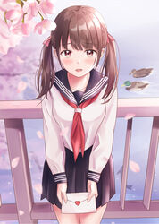  animal bird black_sailor_collar black_skirt blurry blurry_background blush brown_eyes brown_hair cherry_blossoms collarbone commentary_request day depth_of_field duck envelope female flower hair_ribbon heart highres holding holding_envelope incoming_letter long_hair long_sleeves looking_at_viewer love_letter neckerchief open_mouth original outdoors petals pink_flower pink_ribbon pleated_skirt railing red_neckerchief ribbon sailor_collar school_uniform serafuku shirt skirt sleeves_past_wrists solo twintails white_shirt yukimaru217 