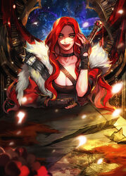  armor black_gloves blood blood_on_face breasts cape cha_heera cleavage dried_blood eu_(euspia) female fingerless_gloves fur-trimmed_cape fur_trim gloves korean_commentary large_breasts licking_lips long_hair looking_at_viewer novel_illustration official_art red_hair regressor&#039;s_instruction_manual rubble scar scar_on_arm scar_on_hand slit_pupils solo straight-on tongue tongue_out variant_set weapon weapon_on_back yellow_eyes 