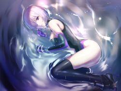  black_gloves black_thighhighs breasts elbow_gloves fate/grand_order fate_(series) female from_above gloves grey_leotard gyoza_(pi512126) hair_over_one_eye highleg highleg_leotard highres leotard lying mash_kyrielight medium_breasts on_side parted_lips pink_hair purple_gloves red_eyes short_hair sideboob solo thighhighs two-tone_gloves 