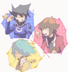  3boys ^_^ aoki_(fumomo) aqua_hair backpack bag black_hair black_shirt blue_coat brown_hair card closed_eyes coat commentary_request duel_academy_uniform_(yu-gi-oh!_gx) duel_monster glasses hair_between_eyes high_collar holding holding_card jacket long_sleeves male_focus manjoume_jun marufuji_sho multiple_boys ojama_yellow one_eye_closed open_mouth puff_of_air red_jacket shirt simple_background spiked_hair yellow_jacket yu-gi-oh! yu-gi-oh!_gx yuki_judai 