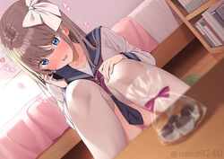  bed bedroom blue_eyes blush bow breasts cellphone collarbone female hairbow indoors light_brown_hair medium_breasts medium_hair neckerchief nekokobushi nervous original panties pantyshot phone sailor_collar school_uniform serafuku sitting skirt smartphone solo sound_effects sweat sweatdrop talking_on_phone thighhighs underwear valentine white_bow white_thighhighs 