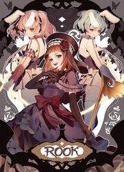  3girls aluce animal_ears black_gloves blue_eyes blue_hair bow brown_hair chess_piece chiester410 chiester45 chiester_sisters closed_mouth dress elbow_gloves eva_beatrice gloves hat highres holding holding_staff holding_weapon laughing looking_at_viewer medium_hair multiple_girls open_mouth orange_hair pink_hair polearm purple_dress rabbit_ears rabbit_girl red_eyes rook_(chess) serious short_hair smile spear staff standing umineko_no_naku_koro_ni weapon witch_hat 