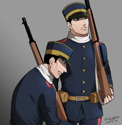  2boys arisaka black_eyes black_hair blue_jacket blue_pants bolt_action brothers foxvulpine golden_kamuy grey_headwear gun hat holding holding_weapon jacket kepi long_hair male_focus military military_hat military_uniform multiple_boys nikaidou_kouhei nikaidou_youhei pants rifle siblings simple_background star_(symbol) twins two-tone_headwear uniform weapon yellow_headwear 