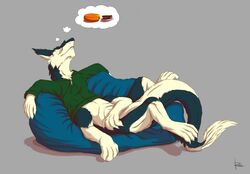  2018 4_toes 5_fingers 6_limbs bean_bag blue_bean_bag blue_body blue_fur bottomless cheese claws closed_eyes clothed clothing dairy_products dream feet fingers food fur green_clothing green_shirt green_topwear grey_background limbs lying male male_taur napping on_back relaxing sergal sergal_taur shirt simple_background sleeping solo tail taur toes topwear white_body white_claws white_fur zarakon zarakon_(character) 