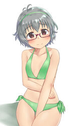  aimobake bad_id bad_twitter_id between_legs bikini blush breasts brown-framed_eyewear closed_mouth commentary female green_bikini green_ribbons grey_hair hair_ribbon hand_between_legs highres idolmaster idolmaster_cinderella_girls looking_at_viewer mole mole_under_eye narumiya_yume ribbon semi-rimless_eyewear short_hair side-tie_bikini_bottom simple_background sitting small_breasts smile solo swimsuit under-rim_eyewear white_background 