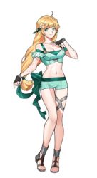  absurdres ahoge bare_legs bare_shoulders bikini bikini_shorts black_gloves blonde_hair breasts cleavage commentary_request commission female fingerless_gloves fire_emblem fire_emblem:_three_houses fire_emblem_heroes flower full_body gladiator_sandals gloves green_bikini green_eyes green_shorts hair_flower hair_ornament hand_on_own_chest hand_up highres ingrid_brandl_galatea ingrid_brandl_galatea_(summer) korean_commentary long_hair looking_at_viewer low-tied_long_hair medium_breasts navel off-shoulder_bikini off_shoulder official_alternate_costume pixiv_commission sandals short_shorts short_sleeves shorts silvercandy_gum smile solo standing stomach summer swimsuit thighs transparent_background very_long_hair 