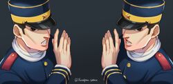  2boys artist_name black_eyes black_hair brothers foxvulpine golden_kamuy grey_headwear hand_up hat kepi long_sleeves male_focus military military_hat military_uniform multiple_boys nikaidou_kouhei nikaidou_youhei one_eye_covered short_hair siblings simple_background star_(symbol) teeth twins two-tone_headwear uniform upper_body yellow_headwear 