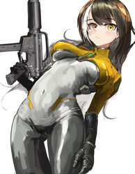  absurdres alternate_costume black_hair blush bodysuit breasts closed_mouth colt_9mm_smg commentary_request cowboy_shot expressionless female girls&#039;_frontline gun heterochromia highres holding holding_gun holding_weapon long_hair looking_at_viewer multicolored_hair ohyatupuru red_eyes ro635_(girls&#039;_frontline) simple_background skin_tight solo standing streaked_hair submachine_gun weapon white_background white_hair yellow_eyes 