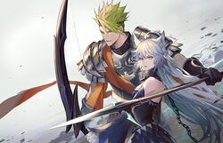  1boy achilles_(fate) animal_ears armor atalanta_(fate) atalanta_alter_(fate) atalanta_alter_(first_ascension)_(fate) collar darkavey fate/apocrypha fate/grand_order fate_(series) female green_eyes grey_hair highres long_hair looking_to_the_side manly open_mouth photoshop_(medium) polearm spear weapon yellow_eyes 