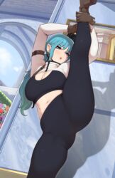  absurdres ah-lyong_lee black_bra black_pants blue_hair bra breasts brown_footwear brown_gloves day female gloves hands_on_own_leg highres korean_commentary large_breasts leg_up long_hair long_sleeves midriff navel original pants pointy_ears ponytail shadow shrug_(clothing) solo spread_legs standing standing_on_one_leg thick_thighs thighs underwear 