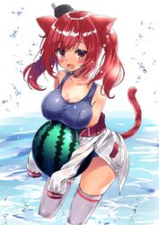  animal_ears azur_lane bad_id bad_pixiv_id blush breasts cat_ears cat_tail female food fruit hair_ornament highres honoka_chiffon i-19_(azur_lane) large_breasts long_hair looking_at_viewer one-piece_swimsuit open_mouth red_hair school_swimsuit sleeves_past_wrists smile solo swimsuit tail thighhighs twintails wading watermelon 