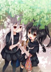  2girls ahoge alternate_hairstyle bag black_hair black_pantyhose black_sailor_collar black_serafuku black_skirt black_socks day from_above hair_between_eyes kantai_collection kikuzuki_(kancolle) kneehighs leaf long_hair mikazuki_(kancolle) multiple_girls nagasioo open_mouth outdoors pantyhose pleated_skirt ponytail red_eyes sailor_collar school_uniform serafuku shade sharing_food short_sleeves sidelocks skirt socks sweat twitter_username white_hair 