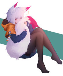  animal_ear_fluff animal_ears black_legwear blue_shorts blunt_bangs blush commentary covered_mouth female full_body highres hood hood_down hugging_own_tail hugging_tail knees_up long_sleeves looking_at_viewer multicolored_nails nail_polish no_shoes one_eye_closed original pantyhose red_eyes shimmer short_hair shorts sitting sleeves_past_wrists symbol-only_commentary tail tail_on_face two-tone_background white_hair 