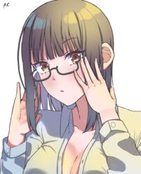  absurdres adjusting_eyewear black_hair blunt_bangs breasts cleavage collared_shirt female fujimiya_sumika_(isekai_ojisan) glasses hands_up highres isekai_ojisan large_breasts looking_at_viewer partially_unbuttoned semi-rimless_eyewear shirt simple_background solo thearkhalis triangle_mouth under-rim_eyewear upper_body white_background white_shirt yellow_eyes 