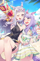  2girls animal_ears bare_shoulders black_one-piece_swimsuit blue_sky blunt_bangs blush bracelet breast_press breasts cherry cloud cup day dress ear_ornament eyewear_on_head food food_on_face foreshortening fruit glint gold_ship_(run_revolt_launcher)_(umamusume) gold_ship_(umamusume) grey_hair highres holding holding_cup holding_water_gun horse_ears horse_girl horse_tail ice_cream jewelry kunikune large_breasts long_hair looking_at_another looking_at_viewer mejiro_mcqueen_(ripple_fairlady)_(umamusume) mejiro_mcqueen_(umamusume) multiple_girls nail_polish ocean official_alternate_costume one-piece_swimsuit one_eye_closed open_mouth outdoors parfait sky smile strawberry sunglasses swimsuit tail teeth thigh_strap thighs umamusume upper_teeth_only v-shaped_eyebrows water water_gun wavy_mouth yellow-framed_eyewear 