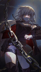  artoria_pendragon_(fate) belt belt_buckle black_footwear black_jacket black_ribbon black_shirt black_shorts blonde_hair boots breasts buckle chains cleavage cross cross_necklace fate/grand_order fate_(series) female floating_hair hair_ribbon highres jacket jewelry kokollet long_hair long_sleeves looking_at_viewer medium_breasts necklace open_clothes open_jacket parted_lips ponytail ribbon saber_alter saber_alter_(ver._shinjuku_1999)_(fate) shirt short_shorts shorts sleeveless sleeveless_shirt solo standing thigh_boots twitter_username unzipped white_belt yellow_eyes zettai_ryouiki 