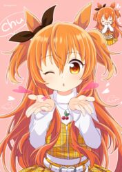  :o animal_ears blowing_kiss blush closed_eyes commentary dress ear_ribbon female hair_between_eyes heart horse_ears horse_girl jewelry long_hair long_sleeves mayano_top_gun_(umamusume) multiple_views nagasioo necklace one_eye_closed orange_eyes orange_hair pink_background ribbon simple_background sweater turtleneck turtleneck_sweater twitter_username two_side_up umamusume white_sweater yellow_dress 