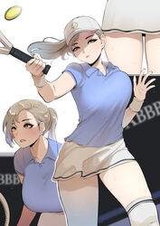  absurdres ah-lyong_lee ball baseball_cap blonde_hair blue_shirt breasts brown_skirt collared_shirt female floating_hair hands_up hat highres large_breasts looking_at_viewer miniskirt mixed-language_commentary multiple_views original ponytail racket shirt short_sleeves skirt sportswear standing sweat sweatband tennis tennis_ball tennis_racket tennis_uniform thighhighs thighs white_thighhighs wristband yellow_eyes 