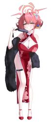  82jhin absurdres alternate_costume aru_(blue_archive) blue_archive breasts brown_horns demon_horns dress female full_body halo highres horns japanese_clothes kimono kimono_dress low_horns pink_hair pink_halo print_dress simple_background solo white_background 