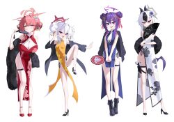  4girls 82jhin absurdres alternate_costume aru_(blue_archive) black_boots black_jacket black_panties black_shawl black_shorts blue_archive boots breasts china_dress chinese_clothes cleavage_cutout clothing_cutout commentary_request demon_horns donut_hair_bun double_bun dress flower folded_fan folding_fan full_body fur_shawl groin hair_bun hair_flower hair_ornament halo hand_fan haruka_(blue_archive) high_heels highres holding holding_fan holster horns jacket kayoko_(blue_archive) korean_commentary large_breasts lineup looking_at_viewer multiple_girls mutsuki_(blue_archive) panties pelvic_curtain problem_solver_68_(blue_archive) red_shoes shawl shoes shorts side-tie_panties simple_background sleeveless sleeveless_dress smile standing standing_on_one_leg string_panties tachi-e thigh_holster thigh_strap underwear white_background 