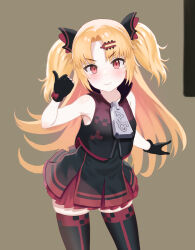  absurdres akatsuki_uni armpit_crease bare_arms bare_shoulders black_dress black_gloves black_jacket black_thighhighs blonde_hair blush bow breasts brown_background closed_mouth collarbone commentary_request cowboy_shot curtained_hair dress female glove_bow gloves hair_ornament hairclip hand_up high_collar highres jacket layered_dress long_hair looking_at_viewer oversized_zipper partially_fingerless_gloves pleated_dress purple_bow purple_dress red_eyes short_dress skindentation sleeveless sleeveless_jacket small_breasts smile solo thighhighs thumbs_up two_side_up uni_create v-shaped_eyebrows variant_set very_long_hair virtual_youtuber yasudraw zettai_ryouiki zipper zipper_pull_tab 
