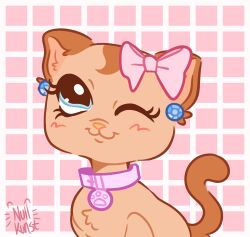  :3 blue_eyes blush collar domestic_cat ear_bow ear_piercing felid feline felis female feral fur hasbro hi_res littlest_pet_shop lps_1024 mammal nullkunstt one_eye_closed piercing smile solo tail toony wink 