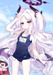 absurdres ahoge black_halo blue_archive blue_sky blush breasts commentary_request day demon_girl demon_horns demon_wings female halo highres hina_(blue_archive) horns long_hair looking_at_viewer old_school_swimsuit purple_eyes school_swimsuit sky small_breasts solo standing swimsuit user_ntma4584 white_hair wings 