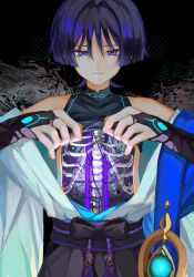  1boy absurdres aqua_gemstone armor belt black_belt black_bodysuit black_bow black_bridal_gauntlets black_shorts blue_cape blue_kimono blunt_ends bodysuit bodysuit_lift bow bridal_gauntlets cape ce5_ez closed_mouth empty_eyes eyeliner eyeshadow fingernails furisode gem genshin_impact glowing_markings gold grey_hair hair_intakes hands_up highres hip_vent japanese_armor japanese_clothes juban kimono kote kurokote makeup male_focus mandarin_collar middle_ring multicolored_hair off_shoulder open_clothes open_kimono partially_shaded_face purple_belt purple_eyes purple_hair purple_rope red_eyeliner red_eyeshadow rope scaramouche_(genshin_impact) shorts simple_background smile solo straight-on streaked_hair tassel tsurime upper_body vision_(genshin_impact) wanderer_(genshin_impact) white_kimono wispy_bangs 