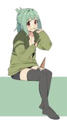  1boy :3 :p absurdres black_shorts black_thighhighs blush brown_eyes commentary full_body green_hair green_jacket half_updo highres ice_cream_cone jacket karubi_(karubi465558) long_sleeves looking_at_viewer male_focus no_shoes open_clothes open_jacket otori_tan seitokai_ni_mo_ana_wa_aru! shorts simple_background sleeves_past_wrists solo spill thighhighs tongue tongue_out trap 