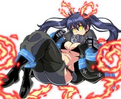  bikini black_bikini black_boots black_gloves boots breasts commentary commission covered_nipples en&#039;en_no_shouboutai english_commentary female fire floating_hair full_body gloves glowing glowing_eyes grey_pants hair_between_eyes hands_up highres hip_vent large_breasts lewdamone long_hair long_sleeves looking_at_viewer navel neon_trim open_clothes open_mouth pants simple_background slit_pupils solo swimsuit tamaki_kotatsu teeth twintails underboob upper_teeth_only v-shaped_eyebrows white_background yellow_eyes 