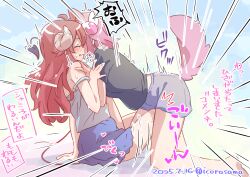 2girls absurdres animal_ears black_shirt blue_shorts chiyoda_momo closed_eyes commentary_request curled_horns dated demon_girl demon_horns demon_tail dog_ears dog_tail highres horns icorasama kemonomimi_mode kneeling legs long_hair machikado_mazoku motion_lines multiple_girls pink_hair red_hair shirt short_hair shorts sitting sweat tail thighs translation_request twitter_username yoshida_yuuko_(machikado_mazoku) yuri 