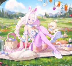  :3 absurdres animal_ears artist_name bare_shoulders basket bilingual_commentary bird blue_eyes blue_sky blurry blurry_background braid breasts cloud cloudy_sky collar colored_eyelashes commission day detached_collar detached_sleeves easter_egg egg english_commentary female flower food-themed_hair_ornament freckles fueppu gloves hair_intakes hair_ornament highres house indie_virtual_youtuber large_breasts long_hair looking_at_viewer mixed-language_commentary musical_note musical_note_ornament musical_note_print open_mouth outdoors paint_can pillow pink_hair pink_shoes pink_skirt pink_sleeves pink_thighhighs purple_flower rabbit rabbit_ears rabbit_girl shoes short_eyebrows short_sleeves sitting skirt sky smile teeth the_easter_bunni_(vtuber) thighhighs thighs tree twin_braids twintails upper_teeth_only vgen_commission virtual_youtuber white_collar white_eyelashes white_flower white_gloves 