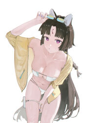  absurdres alternate_breast_size alternate_costume animal_ears arknights bikini breasts bright_pupils brown_hair cleavage collarbone cowboy_shot eyepatch_bikini eyewear_on_head facial_mark female glasses highres jacket large_breasts long_hair looking_at_viewer monmon_(sleepymonmon) multi-strapped_bikini_bottom navel open_clothes open_jacket purple_eyes purple_nails saga_(arknights) shadow short_sleeves simple_background single_bare_shoulder solo stomach straight_hair swimsuit thigh_strap white_background white_bikini white_pupils yellow_jacket 