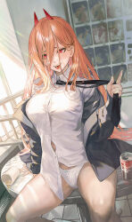  black_necktie black_suit can chainsaw_man clothes_grab collared_shirt commentary_request cross-shaped_pupils cup demon_horns drink_can female highres horns jacket long_hair maeshima_shigeki necktie necktie_grab neckwear_grab on_table open_clothes open_jacket orange_hair panties power_(chainsaw_man) red_eyes red_horns sharp_teeth shirt sitting sitting_on_table soda_can solo spread_legs suit symbol-shaped_pupils table teeth thighs tongue tongue_out underwear vending_machine white_panties white_shirt 