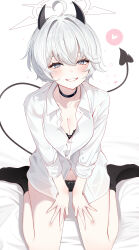  absurdres black_bra black_choker black_horns black_panties black_socks black_tail blue_archive bra breasts choker cleavage collarbone commentary_request demon_girl demon_horns demon_tail erika_(blue_archive) female grey_eyes hair_between_eyes halo heart highres horns long_sleeves looking_at_viewer medium_breasts navel no_pants panties parted_lips shirt short_hair sikimosh simple_background sitting socks solo spoken_heart tail thighs underwear variant_set wariza white_background white_hair white_halo white_shirt 