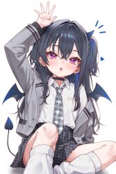 absurdres amaki_daisuke arm_up black_choker black_hair black_skirt blue_hair blush breasts choker collared_shirt demon_horns demon_tail demon_wings female grey_jacket grey_necktie highres horns ichinose_uruha jacket long_hair looking_at_viewer loose_socks mini_wings multicolored_hair necktie open_mouth school_uniform shirt simple_background sitting skirt small_breasts socks solo streaked_hair tail twintails virtual_youtuber vspo! white_background white_shirt wings 
