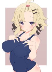  assault_lily bangs_pinned_back bare_arms bare_shoulders black_bow blonde_hair blue_one-piece_swimsuit blush border bow braid breasts breasts_out brown_background collarbone commentary covered_navel cowboy_shot female hair_bobbles hair_ornament hairbow hairclip hands_on_own_chest hands_up hibino_waku highres jewelry looking_at_viewer medium_breasts medium_hair misaki_naoe one-piece_swimsuit parted_lips purple_eyes raised_eyebrows ring school_swimsuit side_braid simple_background solo standing swimsuit white_border 