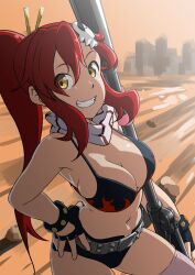  anti-materiel_rifle bare_shoulders belt bikini bikini_top_only black_gloves black_shorts blush breasts brown_background cleavage clenched_teeth female fingerless_gloves gloves gun hair_ornament highres large_breasts long_hair looking_at_viewer no_shirt pink_scarf pink_thighhighs ponytail red_hair rifle scarf short_shorts shorts skull_hair_ornament sniper_rifle solo swimsuit teeth tengen_toppa_gurren_lagann thighhighs triangle_bullet weapon yellow_eyes yoko_littner 