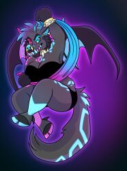  2023 5_fingers 6_horns anthro beastofeuthanasia bent_legs big_breasts black_background black_bottomwear black_clothing black_crop_top black_eyebrows black_hair black_hooves black_hotpants black_shirt black_shorts black_topwear black_wings blue_claws blue_eyes blue_hair blue_horn blue_inner_ear blue_markings blue_nose blue_sash blue_teeth blue_wings bottomwear bracelet breasts canid canine canine_demon cheek_tuft claws cleavage clothed clothing cloven_hooves collar colored crop_top demon digital_drawing_(artwork) digital_media_(artwork) english_description eutanasia_(beastofeuthanasia) eyebrows eyelashes facial_horn facial_piercing facial_tuft female female_anthro finger_claws fingers fist fluffy fluffy_tail fur fur_markings glowing glowing_body grey_body grey_fur hair heterochromia hi_res hooves horn hotpants jewelry light lighting long_tail mammal markings membrane_(anatomy) membranous_wings midair multi_horn multicolored_body multicolored_fur nose_horn nose_piercing piercing pink_eyes pink_horn pink_markings pink_teeth raised_fist raised_hand sash shaded sharp_teeth shirt short_hair shorts simple_background solo spiked_bracelet spiked_collar spikes tail tail_markings teeth thick_eyebrows thick_thighs topwear tuft two_tone_tail wings yellow_bracelet yellow_collar yellow_sclera 
