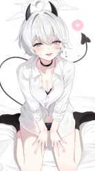  absurdres black_bra black_choker black_horns black_panties black_socks black_tail blue_archive bra breasts choker cleavage collarbone commentary_request demon_girl demon_horns demon_tail erika_(blue_archive) female grey_eyes hair_between_eyes halo heart highres horns long_sleeves looking_at_viewer medium_breasts navel no_pants open_mouth panties shirt short_hair sikimosh simple_background sitting socks solo spoken_heart tail teeth thighs tongue tongue_out underwear upper_teeth_only variant_set wariza white_background white_hair white_halo white_shirt 