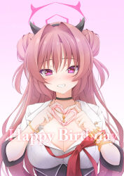  :d black_choker black_hairband blue_archive blush bow bowtie bracelet breasts brown_hair choker cleavage collarbone collared_shirt commentary_request demon_horns double_bun eyelashes eyes_visible_through_hair fake_horns female four-finger_heart_hands grin gyaru hair_between_eyes hair_bun hair_intakes hairband halo hands_up happy happy_birthday heart heart_hands heart_in_heart_hands highres horns jewelry kirara_(blue_archive) kogal large_breasts long_hair long_sleeves looking_at_viewer necklace oerba_yun_fang pink_background pink_eyes pink_halo pink_pupils red_bow red_bowtie school_uniform shirt simple_background smile solo straight-on tomosuke tsurime two_side_up upper_body very_long_hair white_shirt 