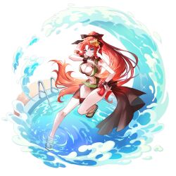  absurdres alternate_costume alternate_hairstyle bikini black_bow blue_eyes bow braid breasts cleavage closed_mouth cross-laced_clothes female flower game_cg green_bikini hair_flower hair_ornament hairbow highres hong_meiling large_breasts long_hair looking_at_viewer midriff navel official_art ponytail pool pool_ladder sandals smile solo star_(symbol) star_hair_ornament swimsuit thighs third-party_source touhou touhou_gensou_eclipse transparent_background twin_braids u_u_zan very_long_hair water wet 