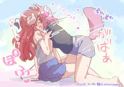  2girls absurdres animal_ears black_shirt blue_shorts blush chiyoda_momo commentary_request curled_horns dated demon_girl demon_horns demon_tail dog_ears dog_tail highres horns icorasama kemonomimi_mode kneeling legs long_hair machikado_mazoku motion_lines multiple_girls open_mouth pink_hair red_eyes red_hair shirt short_hair shorts sitting sweat tail thighs translation_request twitter_username yoshida_yuuko_(machikado_mazoku) yuri 