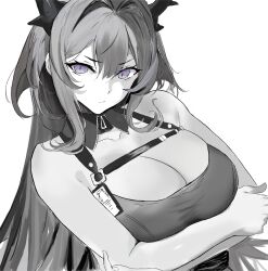  794496545 arknights bare_shoulders breasts cleavage closed_mouth commentary_request demon_horns female hair_between_eyes hair_intakes highres horns limited_palette long_hair looking_at_viewer partially_colored purple_eyes simple_background solo surtr_(arknights) white_background 