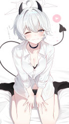  absurdres black_bra black_choker black_horns black_panties black_socks black_tail blue_archive bra breasts choker cleavage closed_mouth collarbone commentary_request demon_girl demon_horns demon_tail erika_(blue_archive) female grey_eyes hair_between_eyes halo heart highres horns long_sleeves looking_at_viewer medium_breasts navel no_pants one_eye_closed panties shirt short_hair sikimosh simple_background sitting socks solo spoken_heart tail thighs translation_request underwear variant_set wariza white_background white_hair white_halo white_shirt 