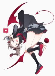  :d absurdres apple bent_over black_sailor_collar black_serafuku black_shirt black_shoes black_skirt black_socks blue_eyes blush brown_hair demon_girl demon_horns demon_tail demon_wings female food fruit full_body gradient_hair heart highres horns kneehighs looking_at_viewer mikan_(migwang) miniskirt mochizuki_honami multicolored_hair neckerchief oerba_yun_fang pleated_skirt project_sekai red_neckerchief sailor_collar school_uniform serafuku shirt shoes side_ponytail simple_background skirt smile socks solo spoken_heart tail thighs white_background wings 