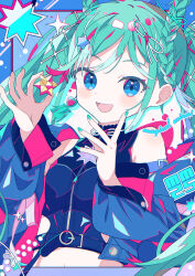  aqua_hair aqua_nails aramedraw blue_eyes blush braid braided_hair_rings breasts commentary crop_top denim_shirt earrings female hair_ornament hair_rings hatsune_miku heart heart_earrings highres jacket jewelry long_hair looking_at_viewer magical_mirai_(vocaloid) magical_mirai_miku magical_mirai_miku_(2025) medium_breasts midriff navel official_alternate_costume official_alternate_hairstyle open_clothes open_jacket open_mouth small_stellated_dodecahedron smile solo star_(symbol) star_hair_ornament stomach very_long_hair vocaloid 