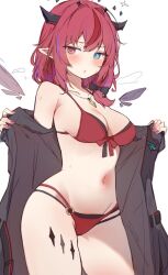  bikini black_horns blush breasts cleavage cowboy_shot crystal_wings demon_horns detached_wings female front-tie_bikini_top front-tie_top halo heterochromia highres hololive hololive_english holonatsu_paradise horns irys_(hololive) irys_(holonatsu_paradise)_(hololive) jacket jewelry large_breasts long_hair looking_at_viewer medium_breasts multicolored_hair nail_polish navel necklace o-ring open_clothes orobou pink_nails pointy_ears purple_hair red_bikini red_eyes red_hair simple_background solo stomach streaked_hair swimsuit thighs virtual_youtuber white_background wings 
