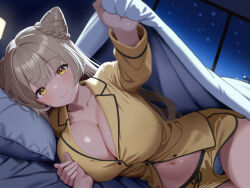  1boy bed bed_invitation blanket blonde_hair blue_panties breasts bun_with_braided_base cleavage closed_mouth collarbone commentary_request cone_hair_bun crossed_bangs dolphin_shorts female grabbing_another&#039;s_breast groping guided_breast_grab guiding_hand hair_bun hand_grab highres huge_breasts indie_virtual_youtuber kokon_amane lapels light_blush lips long_hair long_sleeves looking_at_viewer lying nail_polish navel night notched_lapels on_side out_of_frame pajamas panties pantyshot pillow pink_nails pov pov_across_table short_shorts shorts smile solo_focus story_in_commentary under_covers underwear very_long_hair virtual_youtuber window yasudraw yellow_eyes yellow_pajamas yellow_shorts 